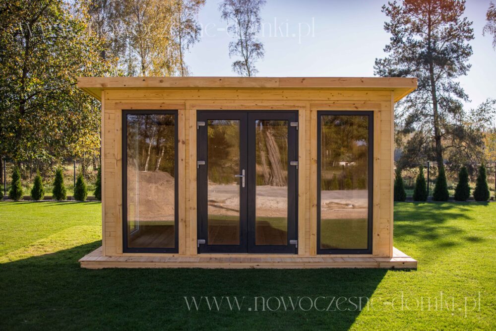 Wooden glazed garden gazebo in a modern style - a tranquil retreat amidst nature.