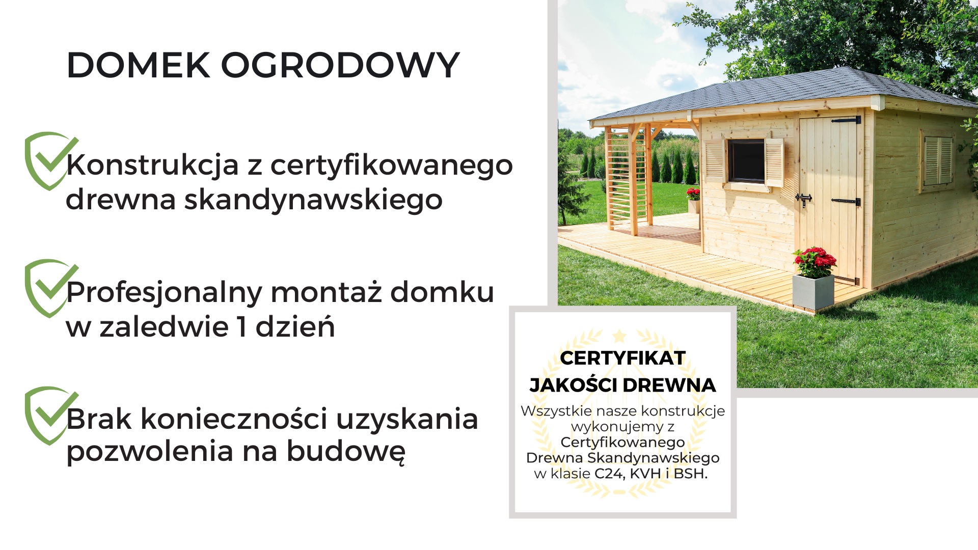 Domek ogrodowy wykonany z certyfikowanego drewna skandynawskiego, z zadaszoną częścią rekreacyjną.