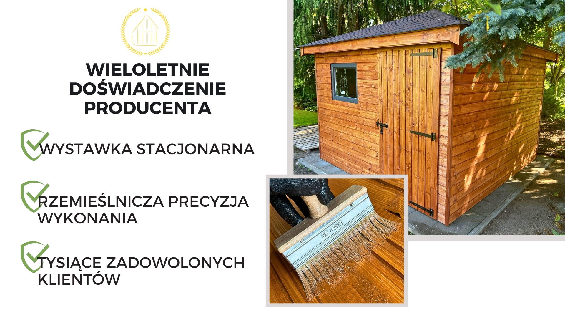 Drewniany domek narzędziowy z rzemieślniczą precyzją wykonania i możliwością obejrzenia na wystawce stacjonarnej.