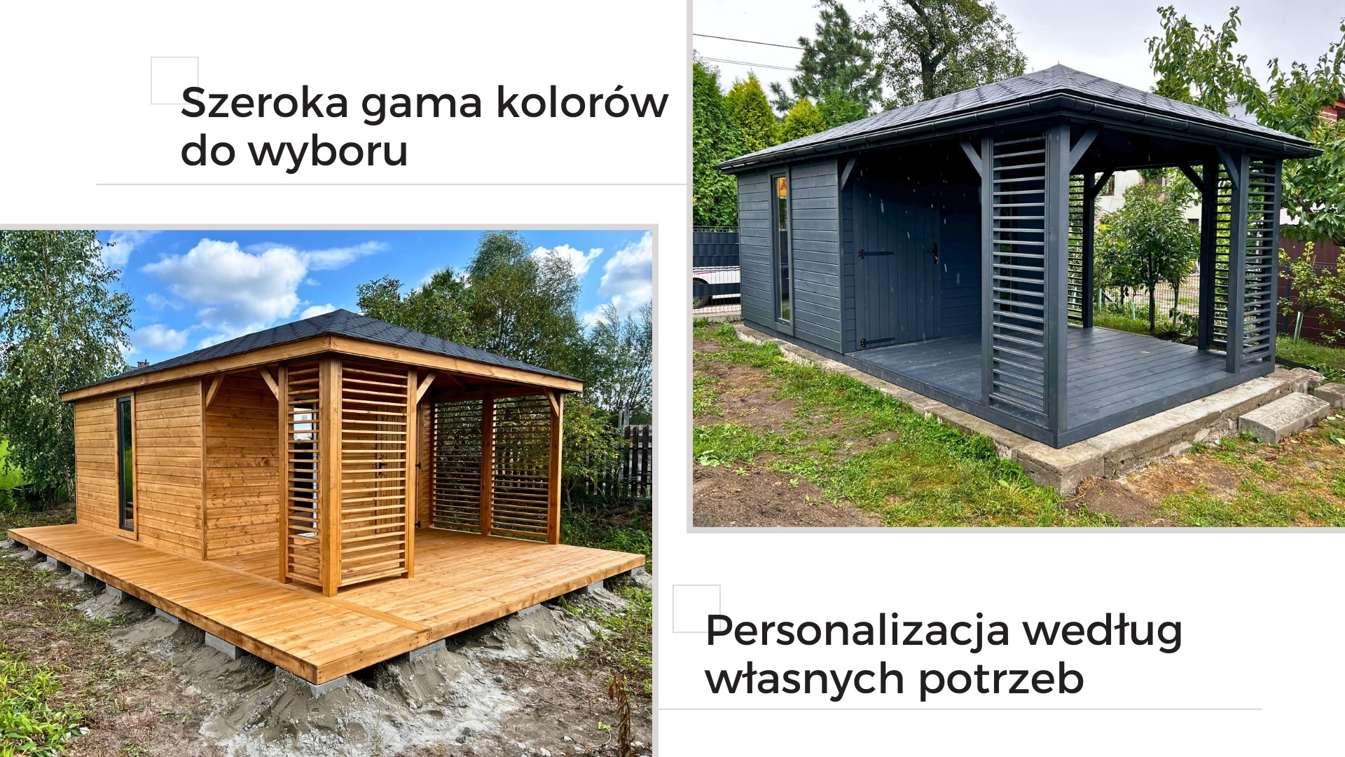 Drewniane domki ogrodowe prezentujące możliwości personalizacji i szeroką gamę opcji wykończenia.