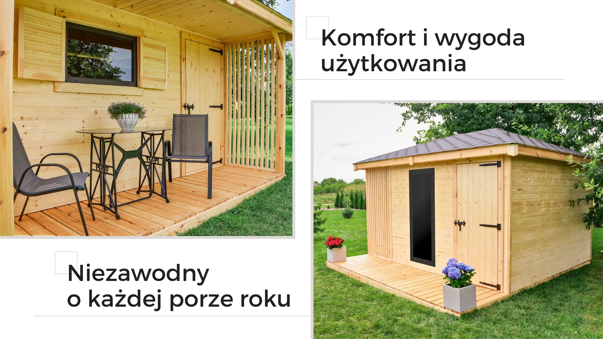 Drewniane domki narzędziowe z tarasem i nowoczesnym designem, zapewniające komfort użytkowania o każdej porze roku.