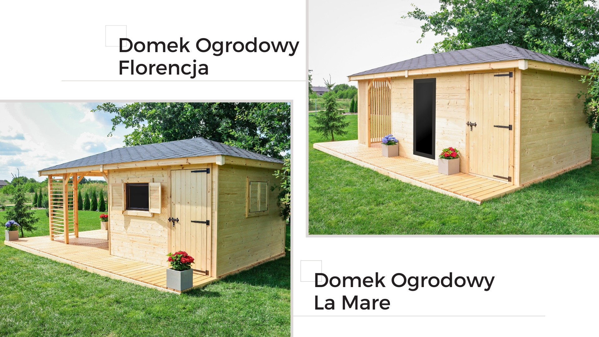 Drewniane domki ogrodowe z przestronnym tarasem, wykonane z certyfikowanego drewna skandynawskiego.