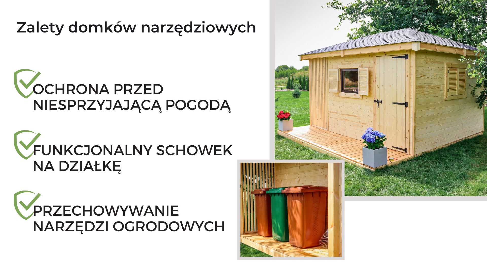 Drewniany domek narzędziowy prezentujący zalety takie jak ochrona przed pogodą, funkcjonalny schowek na działkę oraz miejsce do przechowywania narzędzi ogrodowych.
